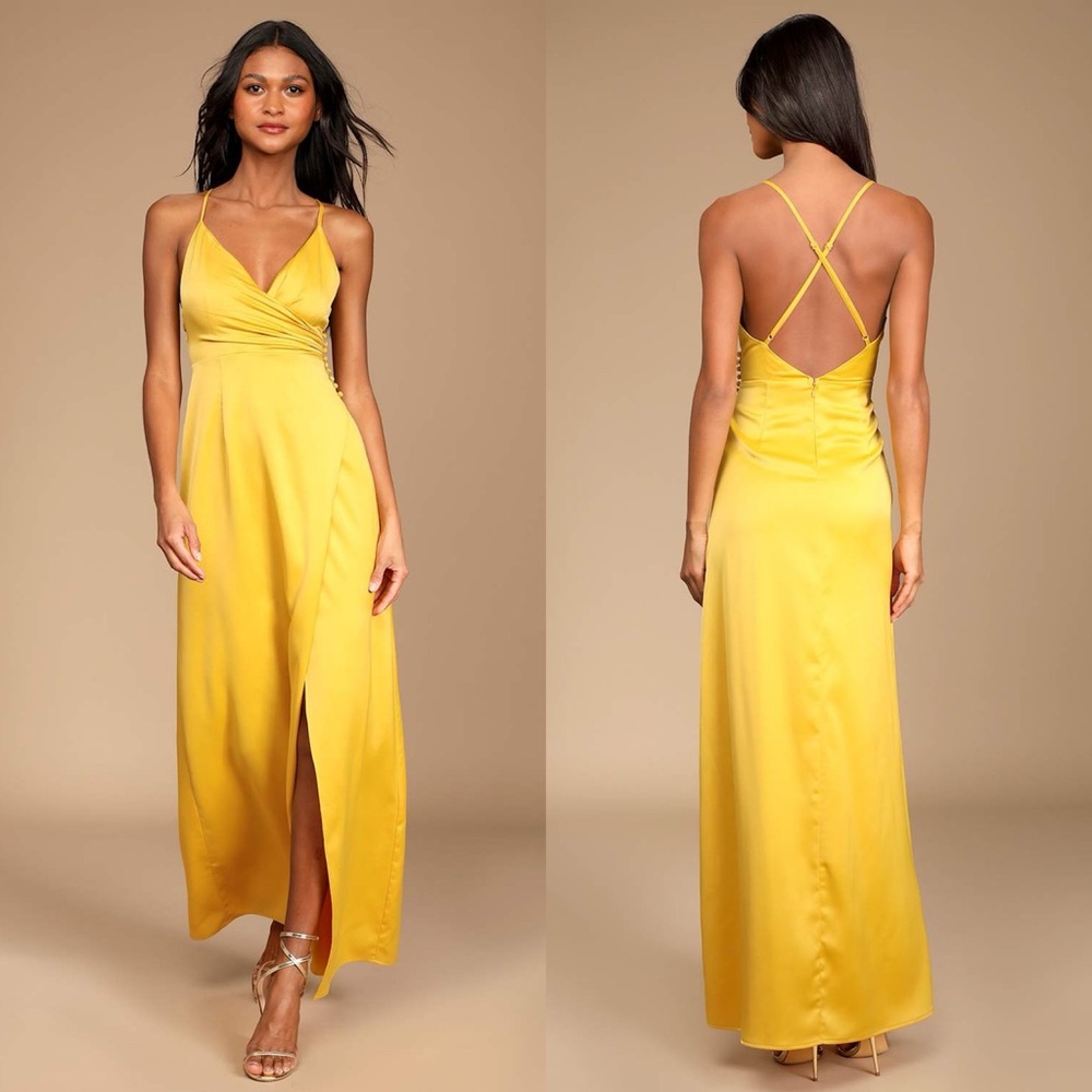 Lulus | Outstanding Elegance Mustard Yellow Satin Surplice Maxi Dress